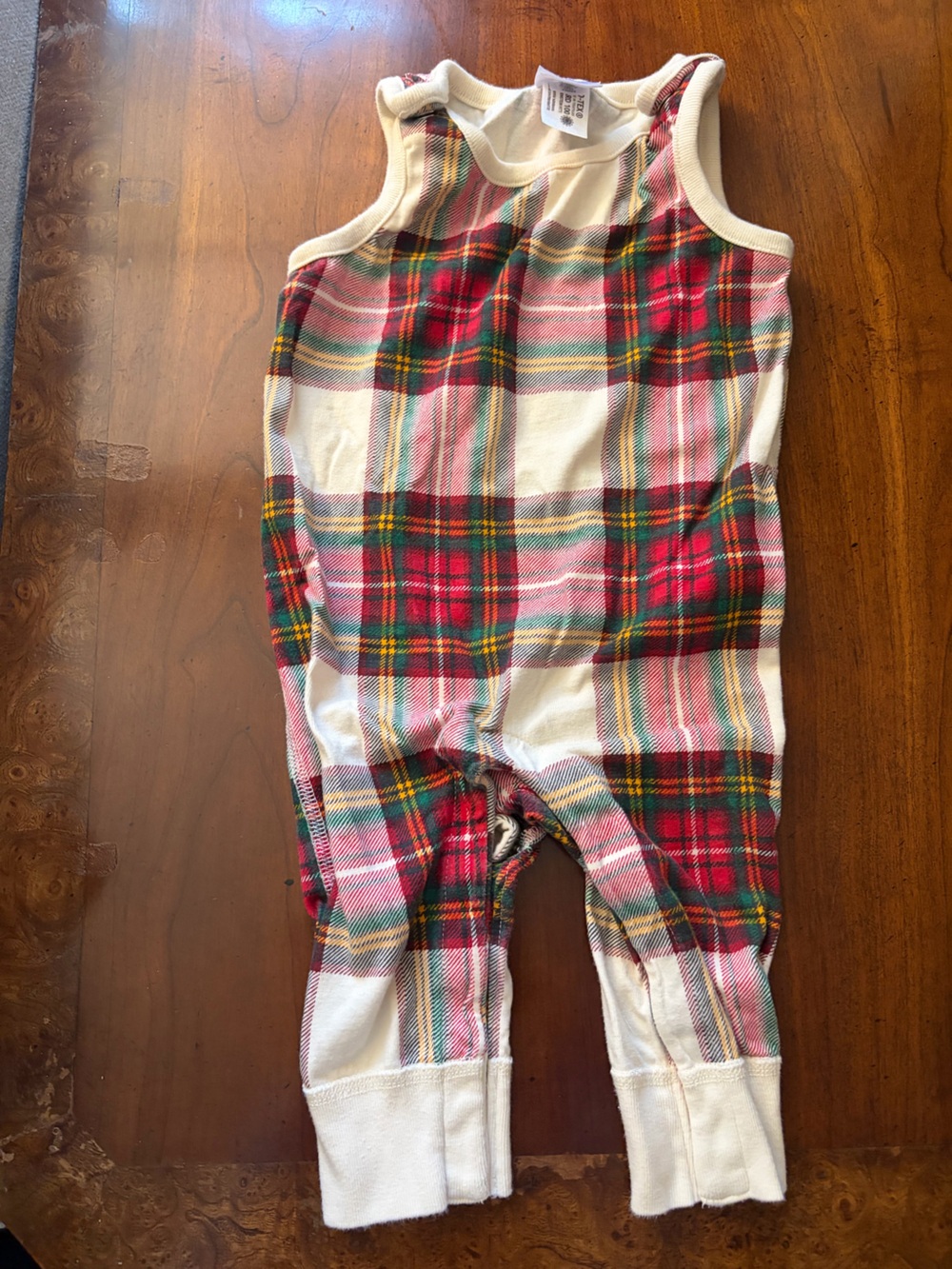 Hanna Andersson Cream, Red & Green Plaid Sleeveless One-Piece with Red shirt